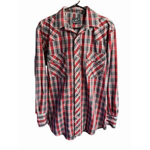 Roper Western Pearl Snap Red Gray Plaid Metallic Men's L/S Shirt L Rodeo Country